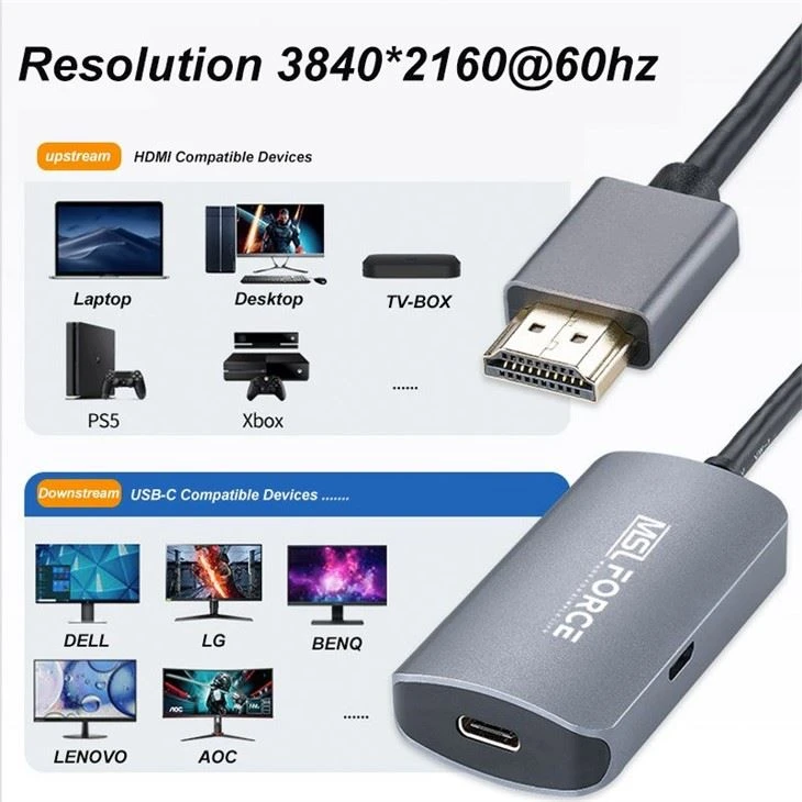 HDMI Male To USB C Female 4k60hz Adapter With Micro Usb Power