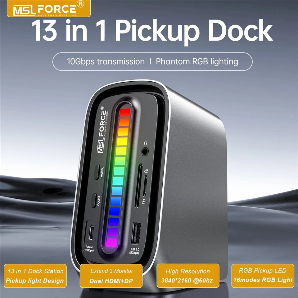 13 in 1 Triple Monitors Desktop Docking Station With Pickup LEDglow